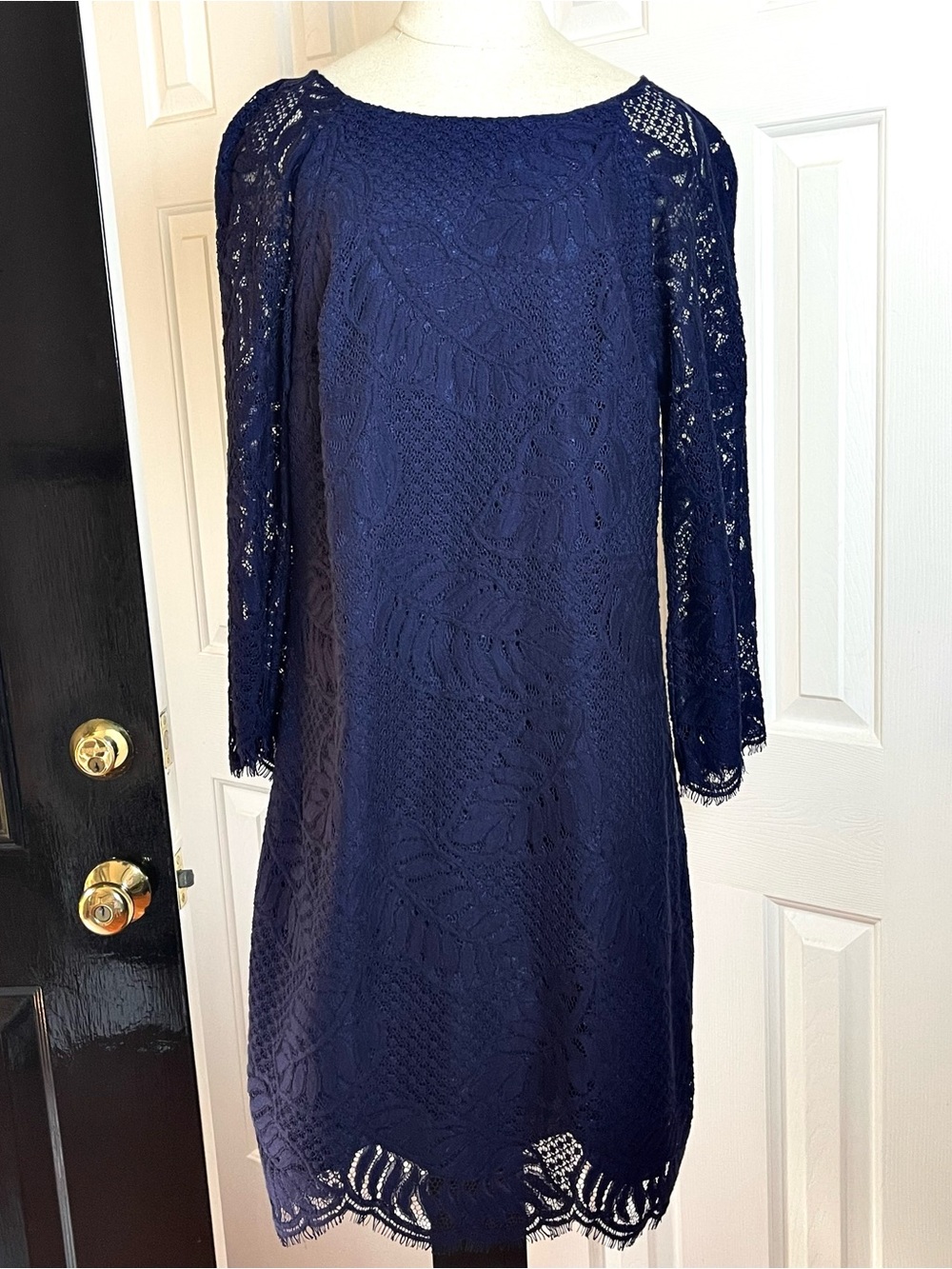 LILLY PULITZER Rylee Shift Dress Navy Blue Palm Leaf Lace Lined Size 12